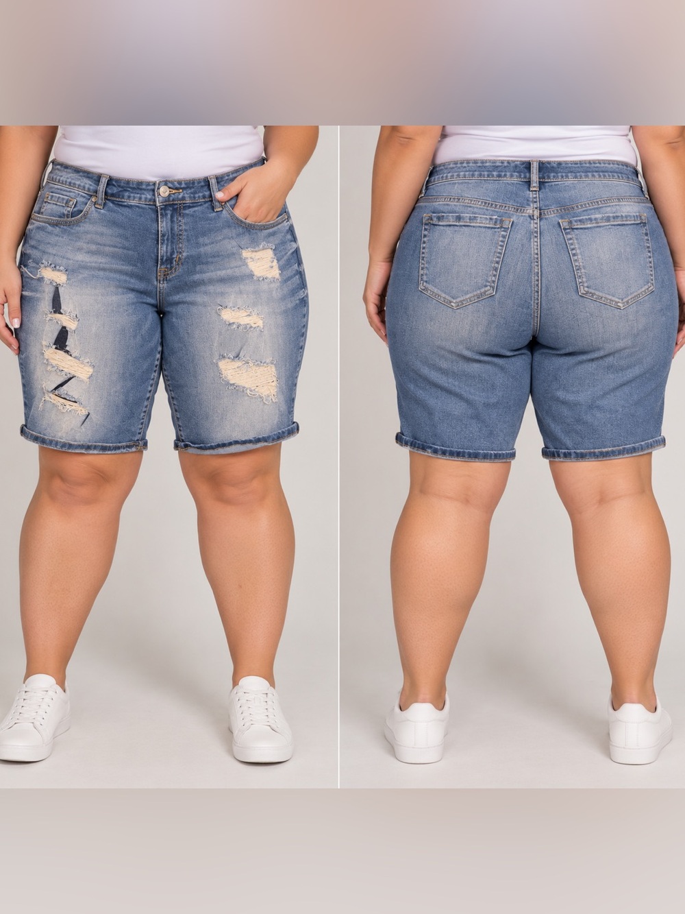 torrid Light Blue Distressed Plus-Size Denim Bermuda Shorts